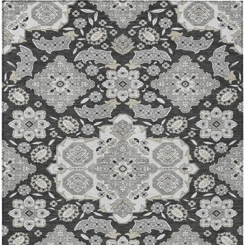 Charcoal Gray And Beige Medallion Washable Indoor Outdoor Area Rug Photo 9