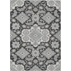 Photo of Charcoal Gray And Beige Medallion Washable Indoor Outdoor Area Rug
