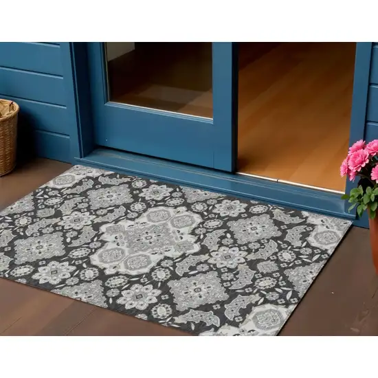Charcoal Gray And Beige Medallion Washable Indoor Outdoor Area Rug Photo 2