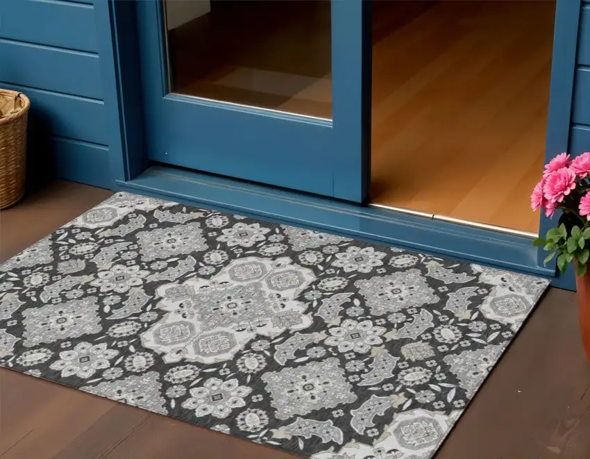 Charcoal Gray And Beige Medallion Washable Indoor Outdoor Area Rug Photo 2