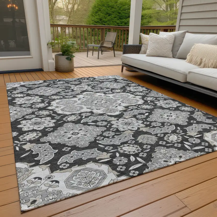 Charcoal Gray And Beige Medallion Washable Indoor Outdoor Area Rug Photo 8
