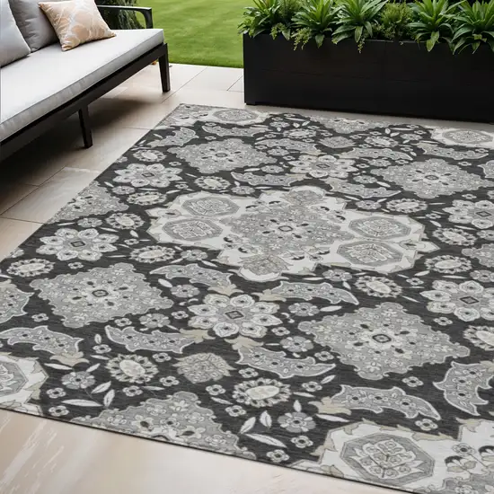 Charcoal Gray And Beige Medallion Washable Indoor Outdoor Area Rug Photo 2