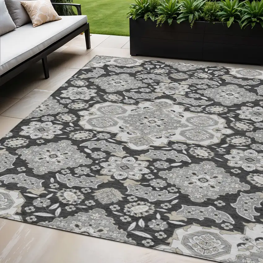 Charcoal Gray And Beige Medallion Washable Indoor Outdoor Area Rug Photo 2