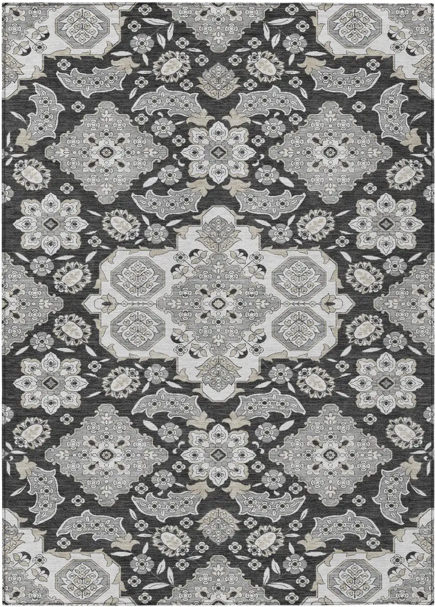 Charcoal Gray And Beige Medallion Washable Indoor Outdoor Area Rug Photo 1