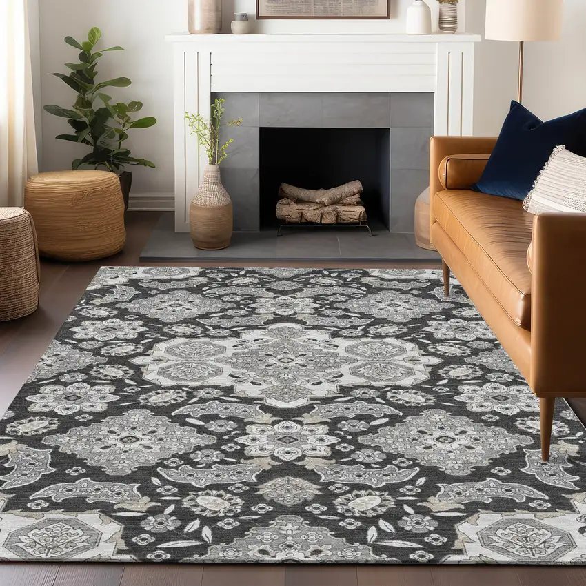 Charcoal Gray And Beige Medallion Washable Indoor Outdoor Area Rug Photo 6