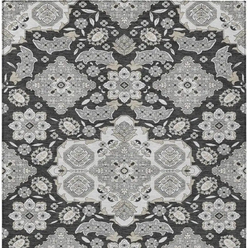 Charcoal Gray And Beige Medallion Washable Indoor Outdoor Area Rug Photo 3