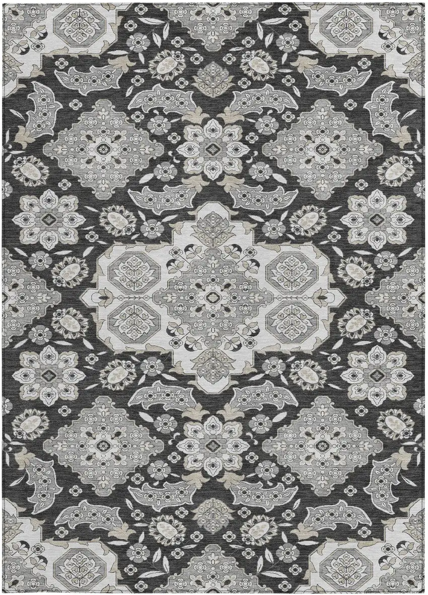 Charcoal Gray And Beige Medallion Washable Indoor Outdoor Area Rug Photo 4