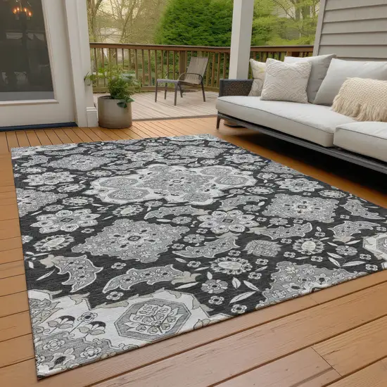 Charcoal Gray And Beige Medallion Washable Indoor Outdoor Area Rug Photo 8