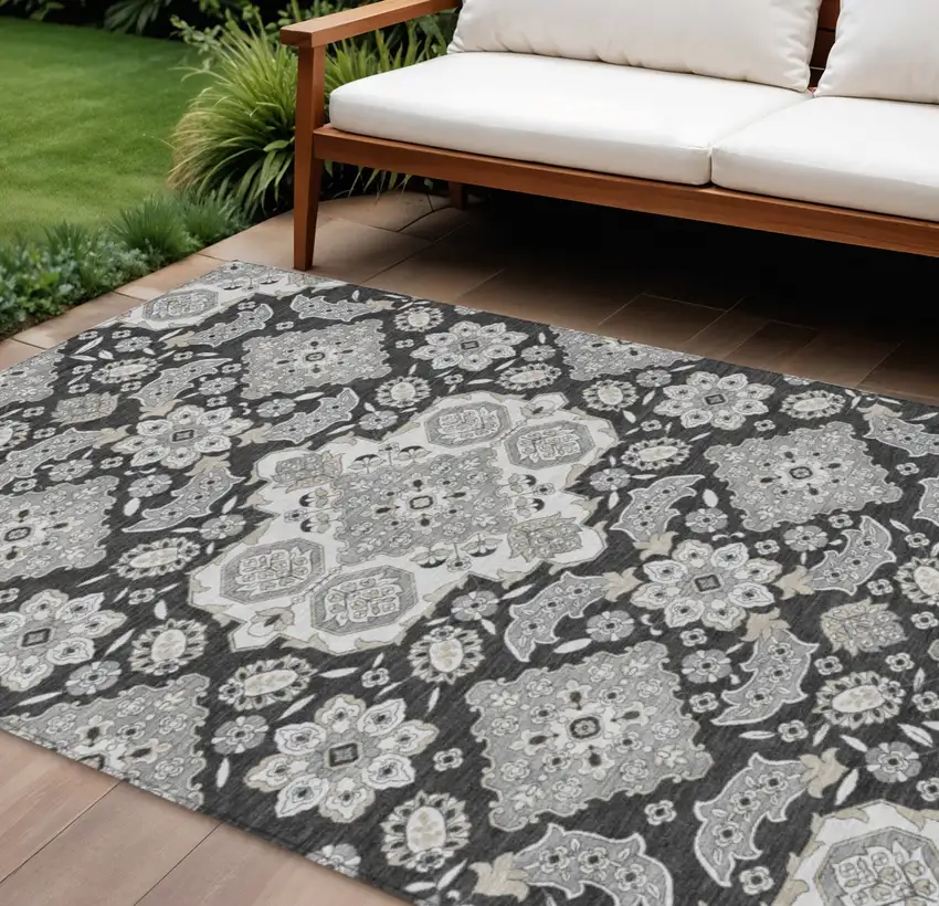 Charcoal Gray And Beige Medallion Washable Indoor Outdoor Area Rug Photo 2