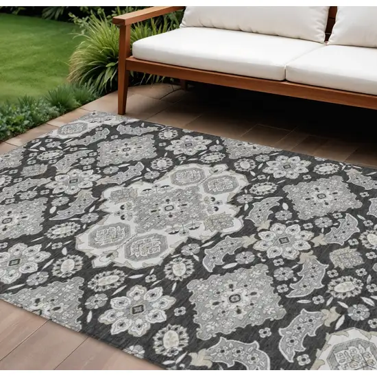 Charcoal Gray And Beige Medallion Washable Indoor Outdoor Area Rug Photo 2