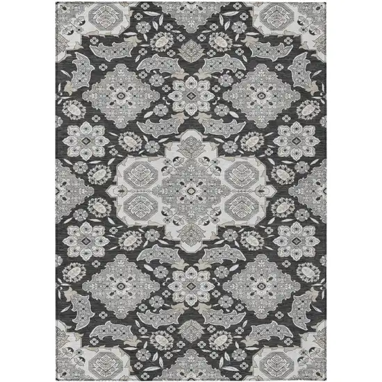 Charcoal Gray And Beige Medallion Washable Indoor Outdoor Area Rug Photo 1