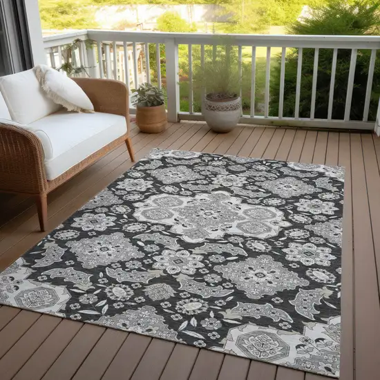 Charcoal Gray And Beige Medallion Washable Indoor Outdoor Area Rug Photo 5