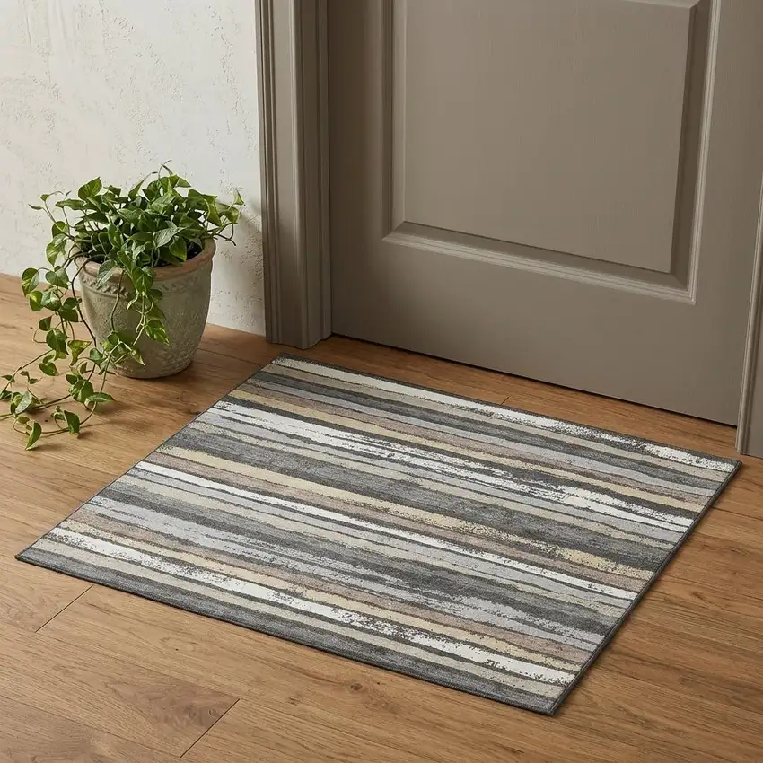 Charcoal Gray And Beige Striped Washable Area Rug With UV Protection Photo 1