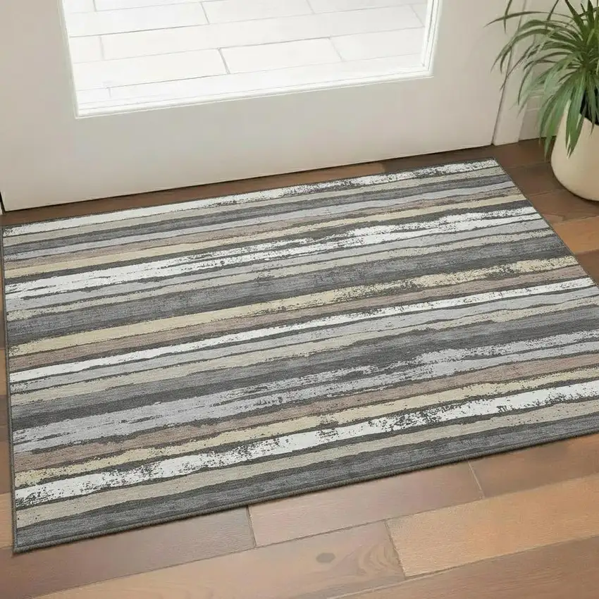 Charcoal Gray And Beige Striped Washable Area Rug With UV Protection Photo 2