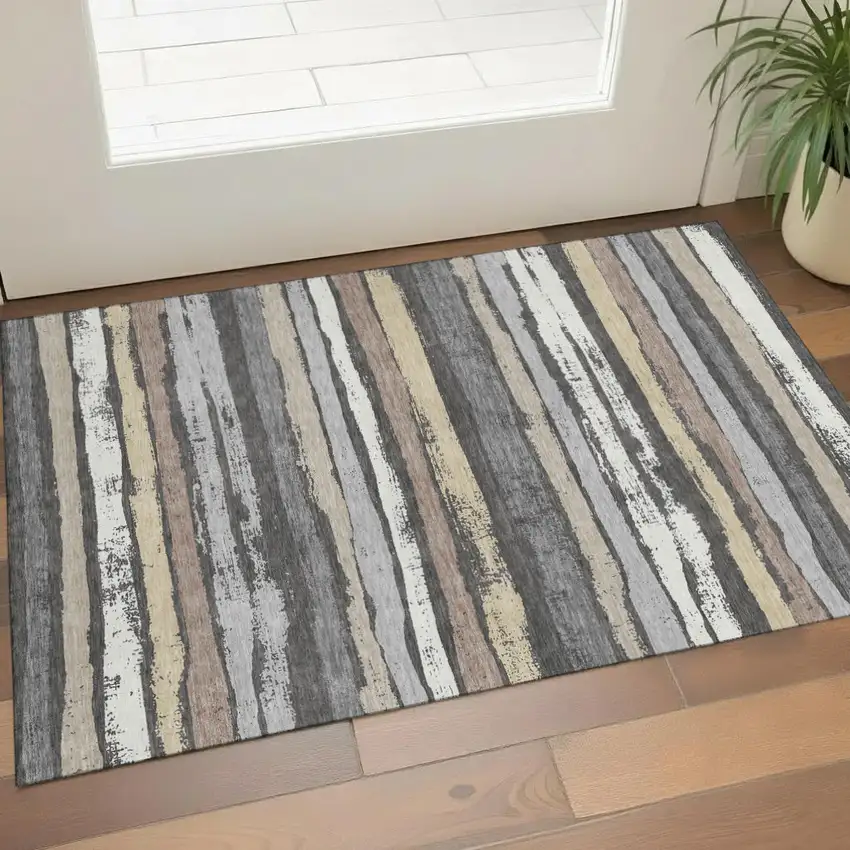 Charcoal Gray And Beige Striped Washable Area Rug With UV Protection Photo 1