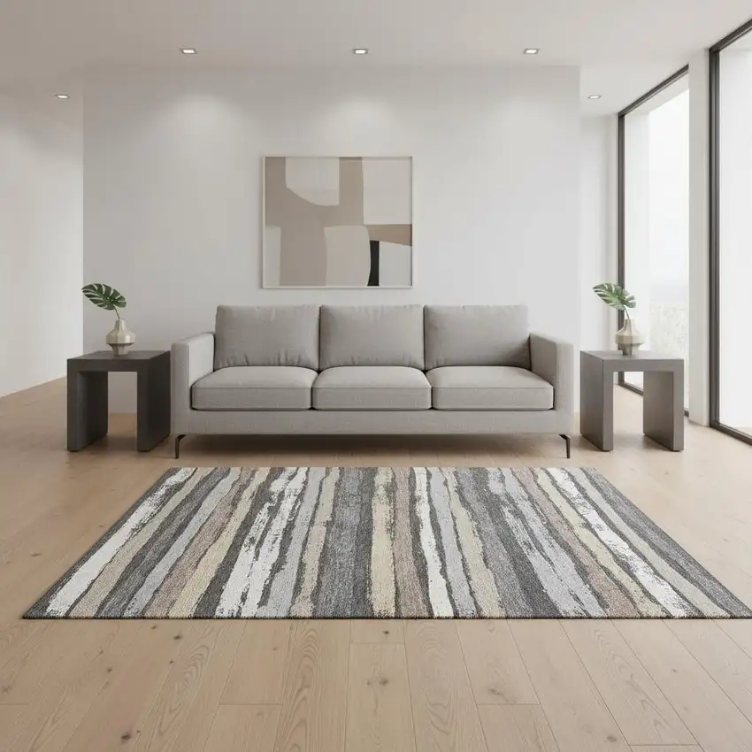 Charcoal Gray And Beige Striped Washable Area Rug With UV Protection Photo 2