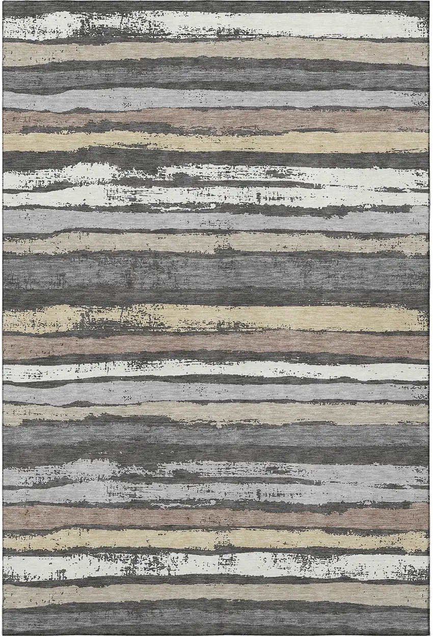 Charcoal Gray And Beige Striped Washable Area Rug With UV Protection Photo 3