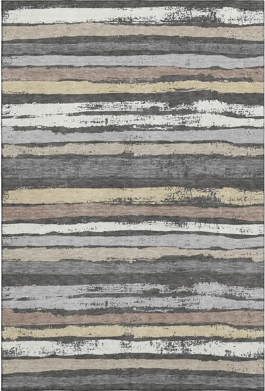 Charcoal Gray And Beige Striped Washable Area Rug With UV Protection Photo 1