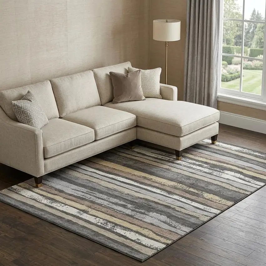 Charcoal Gray And Beige Striped Washable Area Rug With UV Protection Photo 1
