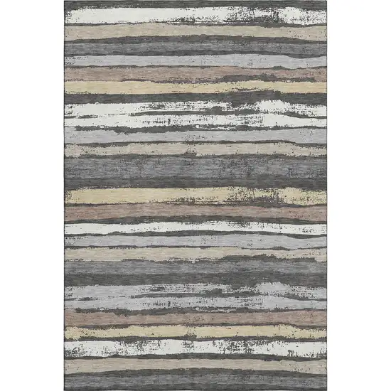 Charcoal Gray And Beige Striped Washable Area Rug With UV Protection Photo 1