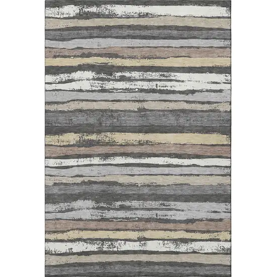 Charcoal Gray And Beige Striped Washable Area Rug With UV Protection Photo 2