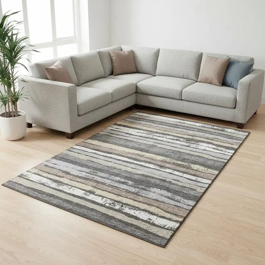 Charcoal Gray And Beige Striped Washable Area Rug With UV Protection Photo 2