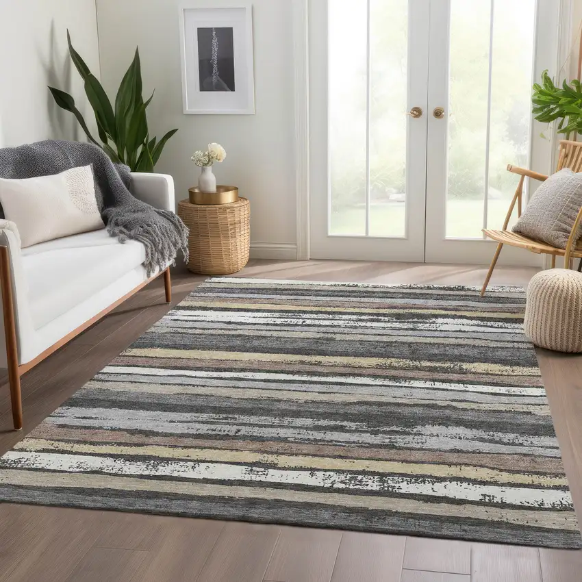 Charcoal Gray And Beige Striped Washable Area Rug With UV Protection Photo 4