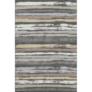 Photo of Charcoal Gray And Beige Striped Washable Area Rug With UV Protection