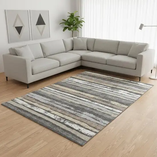 Charcoal Gray And Beige Striped Washable Area Rug With UV Protection Photo 2