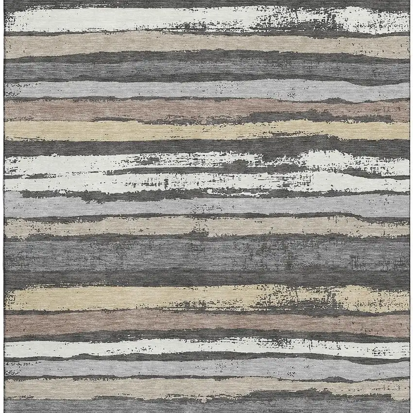 Charcoal Gray And Beige Striped Washable Area Rug With UV Protection Photo 3