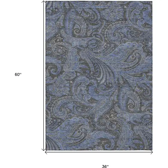 Charcoal Gray And Blue Paisley Washable Indoor Outdoor Area Rug Photo 3