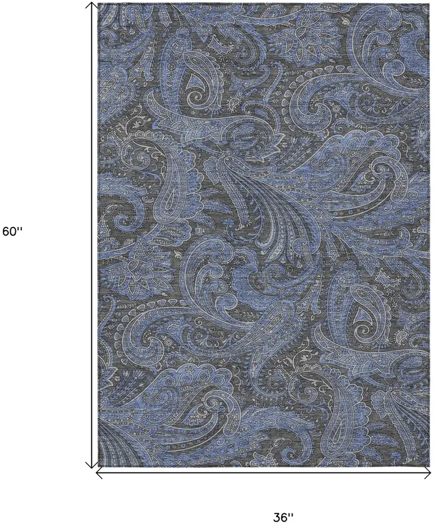 Charcoal Gray And Blue Paisley Washable Indoor Outdoor Area Rug Photo 3