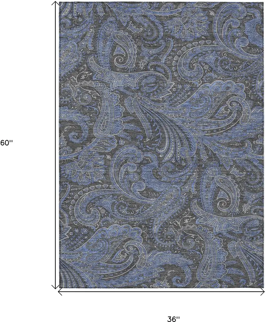 Charcoal Gray And Blue Paisley Washable Indoor Outdoor Area Rug Photo 3