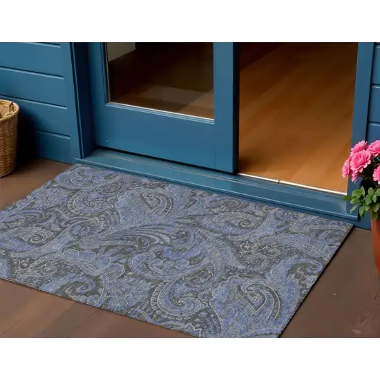 Charcoal Gray And Blue Paisley Washable Indoor Outdoor Area Rug Photo 1
