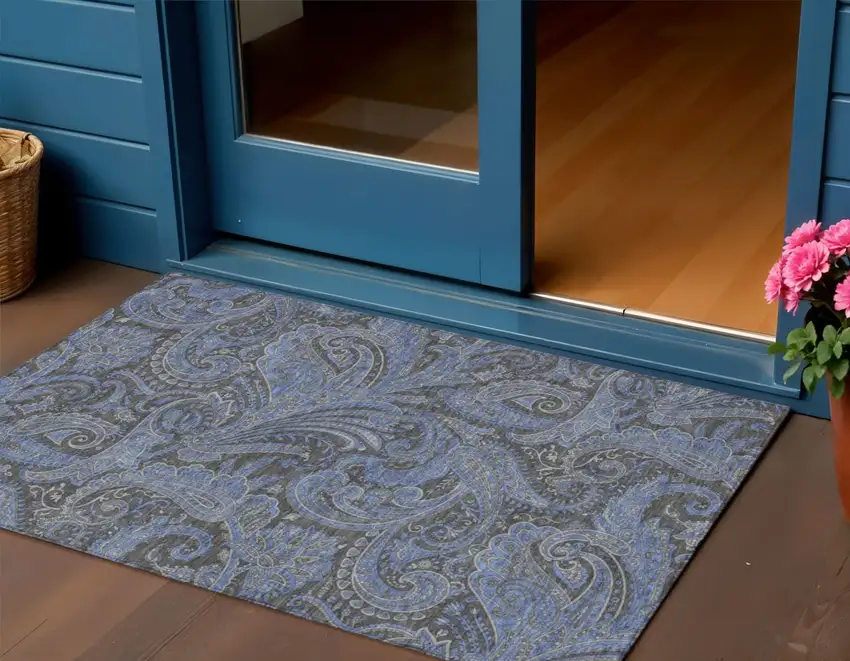 Charcoal Gray And Blue Paisley Washable Indoor Outdoor Area Rug Photo 1