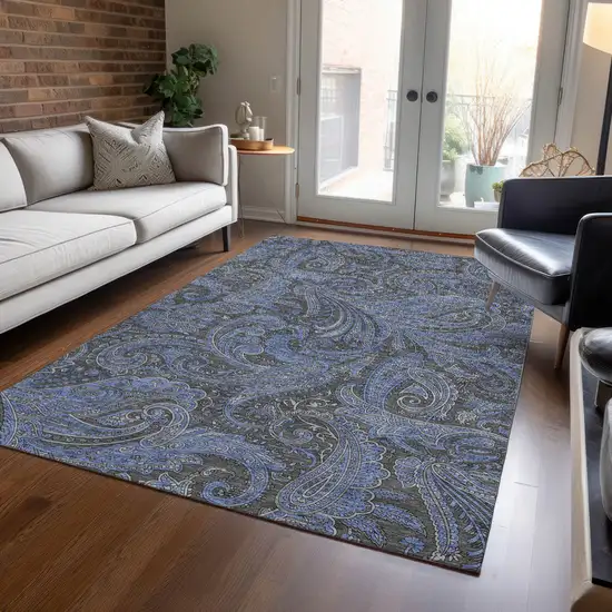 Charcoal Gray And Blue Paisley Washable Indoor Outdoor Area Rug Photo 9