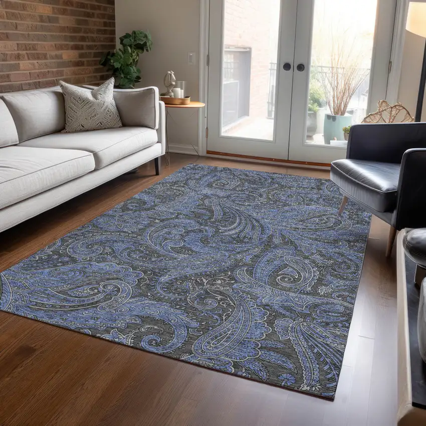 Charcoal Gray And Blue Paisley Washable Indoor Outdoor Area Rug Photo 9