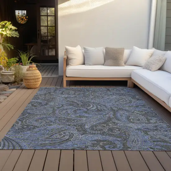 Charcoal Gray And Blue Paisley Washable Indoor Outdoor Area Rug Photo 9