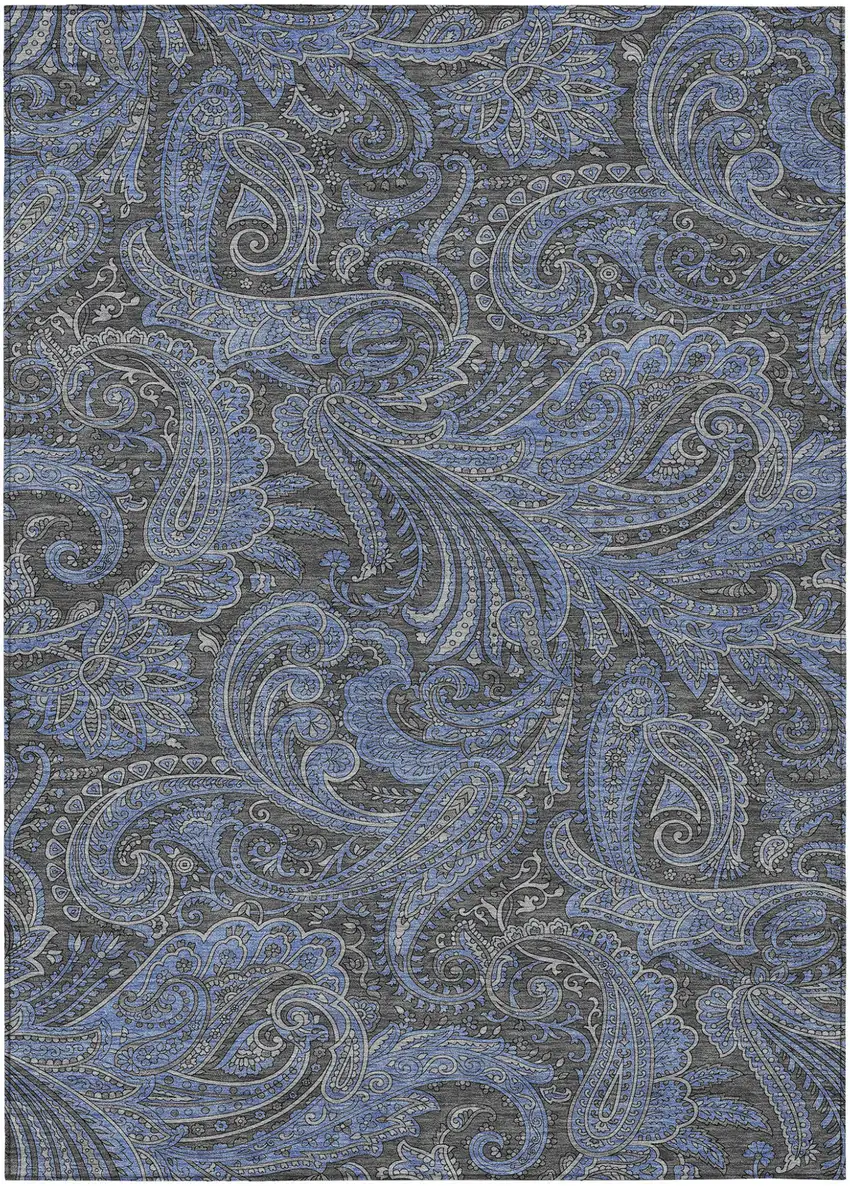 Charcoal Gray And Blue Paisley Washable Indoor Outdoor Area Rug Photo 2