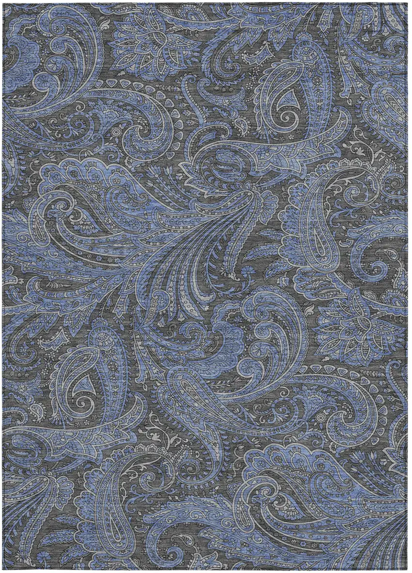 Charcoal Gray And Blue Paisley Washable Indoor Outdoor Area Rug Photo 6