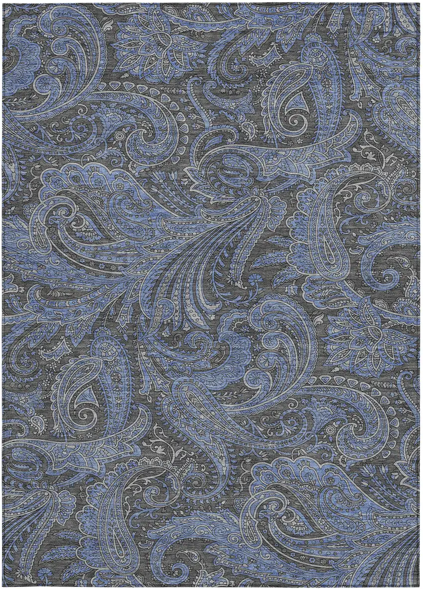 Charcoal Gray And Blue Paisley Washable Indoor Outdoor Area Rug Photo 6