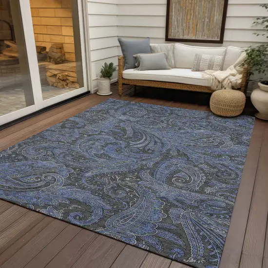 Charcoal Gray And Blue Paisley Washable Indoor Outdoor Area Rug Photo 9