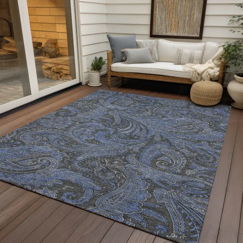 Charcoal Gray And Blue Paisley Washable Indoor Outdoor Area Rug Photo 9