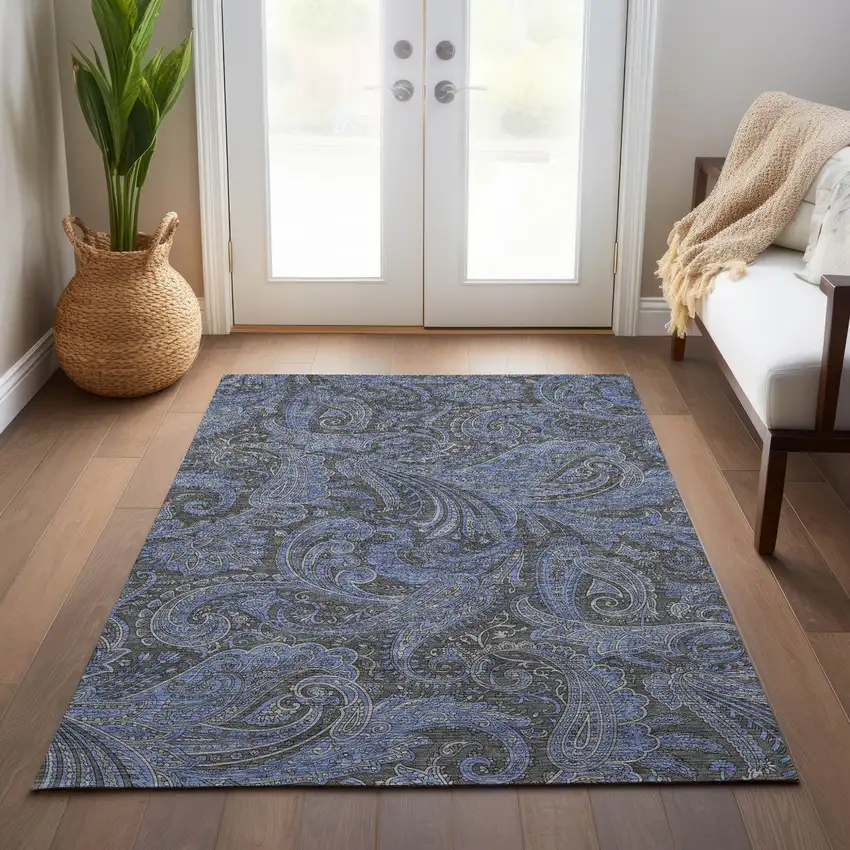 Charcoal Gray And Blue Paisley Washable Indoor Outdoor Area Rug Photo 9