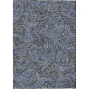 Photo of Charcoal Gray And Blue Paisley Washable Indoor Outdoor Area Rug