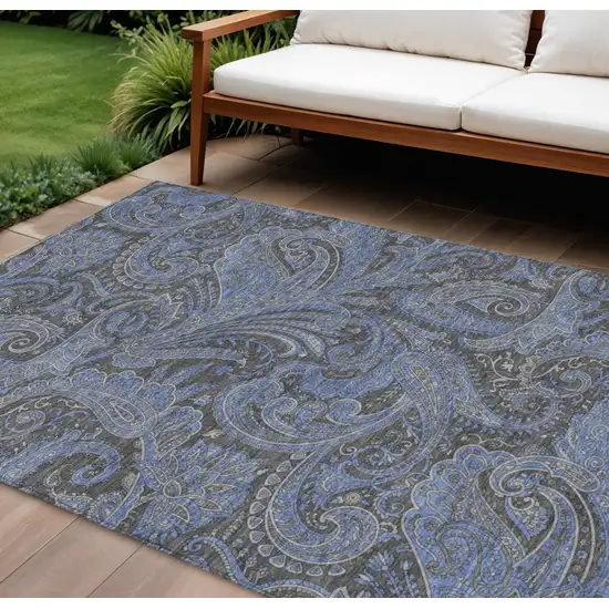 Charcoal Gray And Blue Paisley Washable Indoor Outdoor Area Rug Photo 1