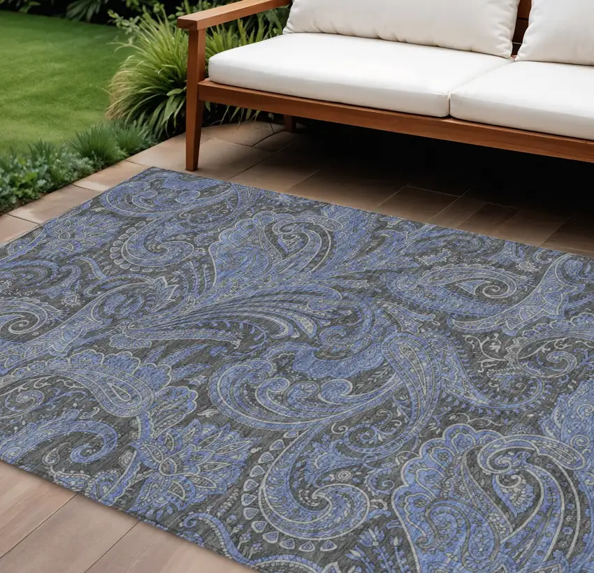 Charcoal Gray And Blue Paisley Washable Indoor Outdoor Area Rug Photo 1