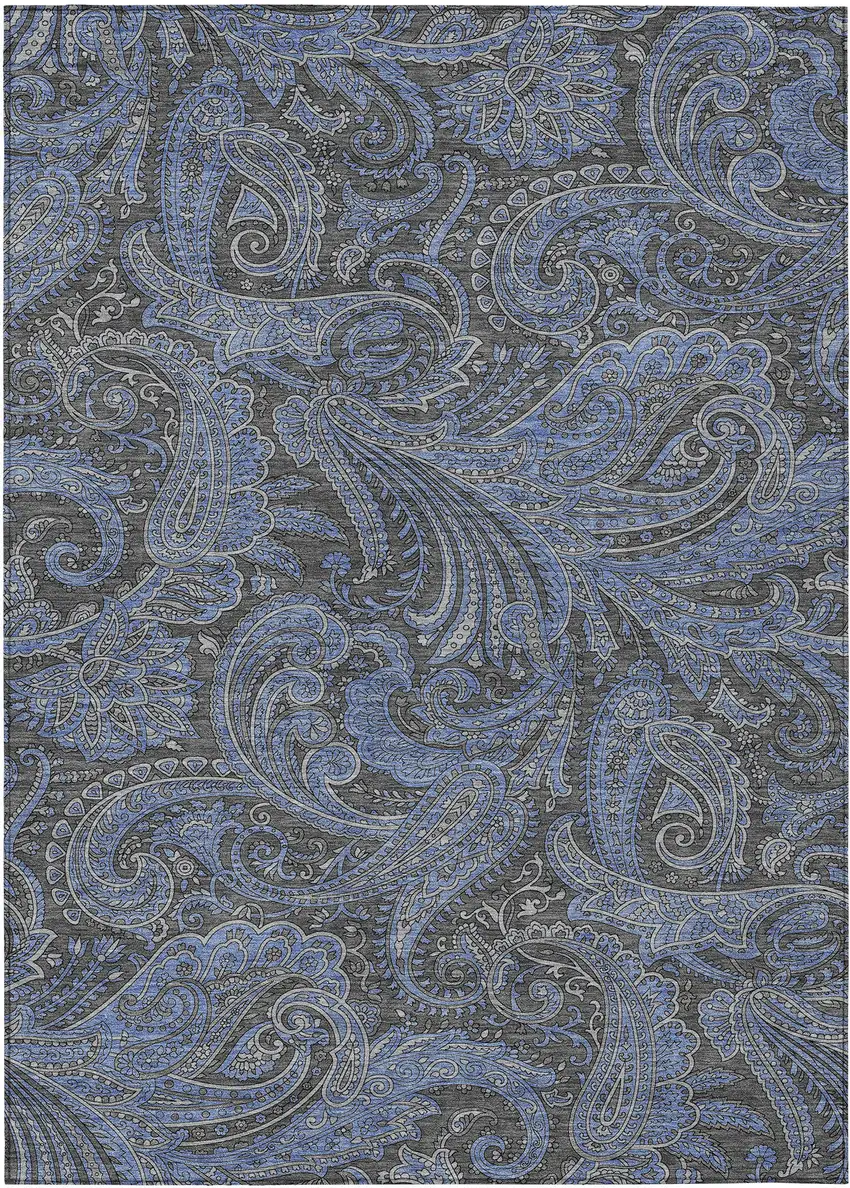 Charcoal Gray And Blue Paisley Washable Indoor Outdoor Area Rug Photo 2