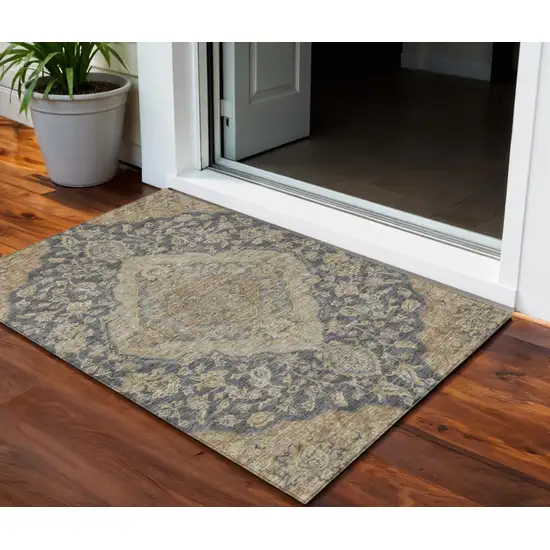Charcoal Gray And Brown Oriental Washable Indoor Outdoor Area Rug Photo 1