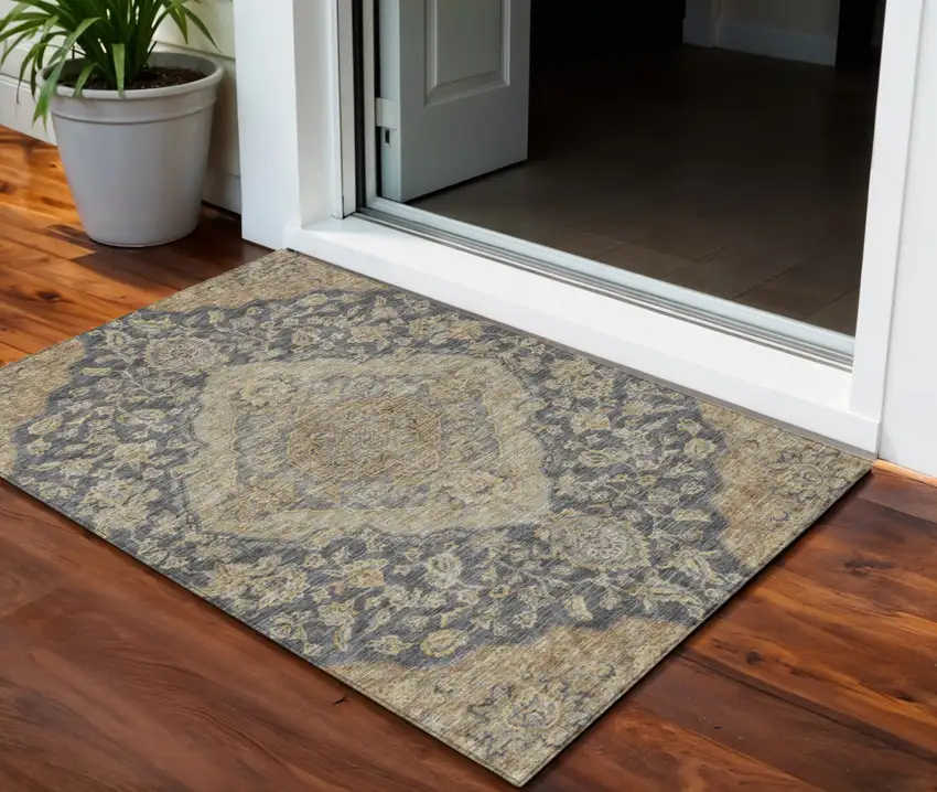 Charcoal Gray And Brown Oriental Washable Indoor Outdoor Area Rug Photo 1